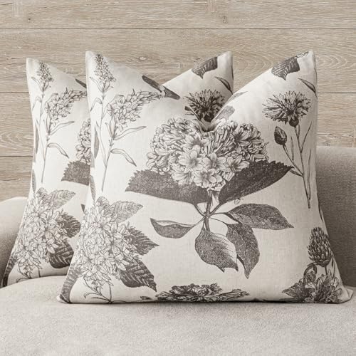 Set of 2 Linen Floral Vintage Throw Pillow Covers Neutral Accent Decorative Cushion Covers Farmhouse Boho Home Decor for Sofa Chair Couch Bedroom Living Room (2 Count)