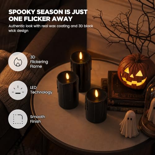 Black Real Wax Dripping Halloween Flameless Pillar Candles with Remote (3 Count)