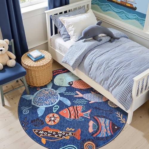 5ft Coastal Round Rug Washable Kids Rug Colorful Fish Mat Blue (19.63 Sq Ft)