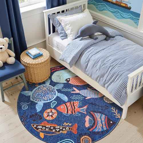 4ft Coastal Round Rug Kids Washable Fun Rug Colorful Ocean Fish Small Mat Non Slip 4' Round Soft Circle Mat Lightweight Cozy Carpet for Bedroom Nursery Playroom Dorm Daycare Bathroom Blue