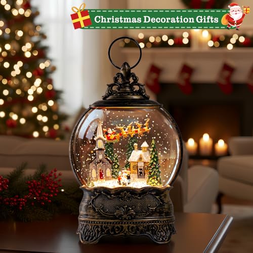 Christmas Snow Globes Lantern Snow Globe with Music Water Lantern Santa Flying Scene Elk Lighted Swirling Water Glitters Snowglobe Christmas Decoration