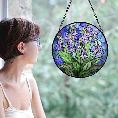Stained Glass Window Hanging Suncatcher Purple Flower Gifts for Women 7.8"