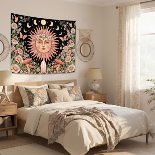 Boho Pink Sun Moon Phase Daisy Flower Floral Tapestry 60 x 44 Inch