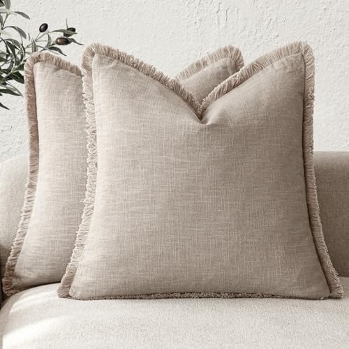 Decorative Linen Fringe Throw Pillow Covers 22×22 Natural Linen (2 Count)