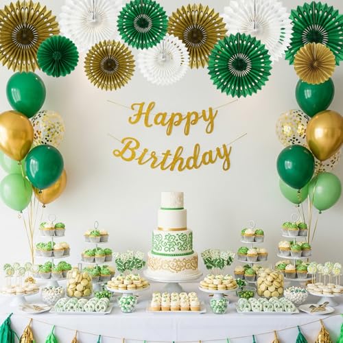 Honeycomb Round Paper Fans Green Gold Hanging Party Decoration (11 Count)