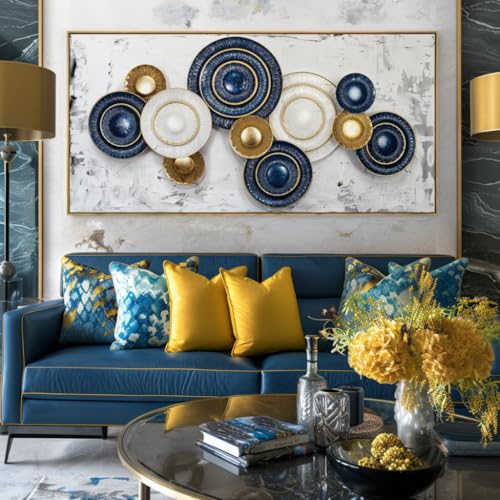 Wall Art Canvas Painting Blue and Yellow 24"x48" with Framed