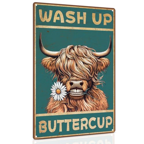 Highland Cow Wash Up Buttercup Sign Vintage Bathroom Decor 8x12"