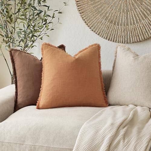 Boho Linen Fringe Lumbar Throw Pillow Covers 12×20 Dusty Orange (2 Count)