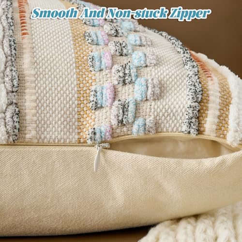 Chenille Striped Textured Boho Throw Pillow Covers Aesthetic with Tassels Woven Decorative Pillow Case for Couch Bed Sofa Bedroom Modern Funky 18 x 18