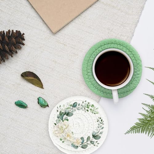 Eucalyptus Floral Cotton Coasters Flower Leaves Handmade Braided Drink Coasters Green Absorbent Cup Mat for Spring Wedding Baby Shower Party Home Office Table Decor (4 Count)