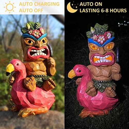 Solar Tiki Garden Statue Outdoor Decor with Flamingo Waterproof for Tiki Bar
