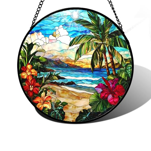 Tropical Hibiscus Beach Stained Glass Window Hanging Suncatcher Gifts 12"
