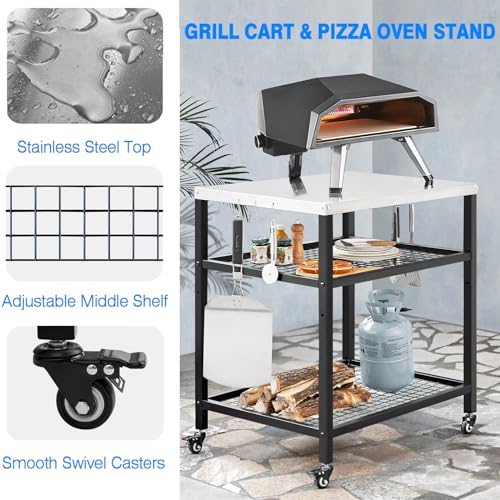 Stainless Steel Outdoor Grill Cart Pizza Oven Stand Trolley Table with Wheels Three
