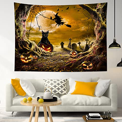 Halloween Wall Tapestry Horror Witch Cat and Dead Tree Pumpkin Lights with Spooky Graveyard Tapestry Orange Full Moon over Misty Forest Wall Decor for Bedroom Living Room Dorm 60x40 Inches