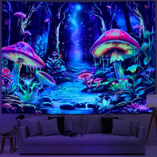 Blacklight Mushroom Tapestry Fantasy Forest Tree Tapestries UV Reactive Floral Plant Tapestries Neon Glow in The Dark Tapestry Wall Hanging for Bedroom Aesthetic Decor