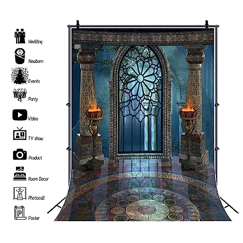 10x15ft Medieval Castle Backdrop for Photoshoot Portrait Pillar Torch Gothic Stone Tower Ancient Old Fortress Interior Photography Background Halloween Party Decor Wallpaper Photo Studio Props