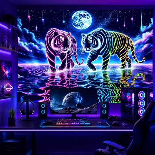 Psychedelic Blacklight Tapestry Banner 79x59 Inch Neon Tapestry Tiger Cosmic Moon Water Reflection Art Aesthetic Bohemian Glow In The Dark Decor Wall Hanging Trippy Vibrant Black Light Tapestries
