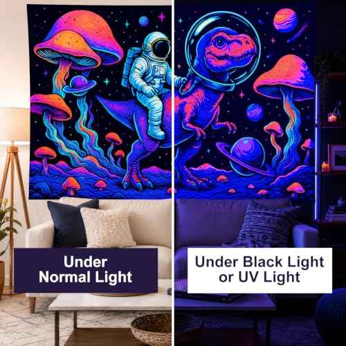 Blacklight Tapestry Astronaut Dinosaur Wall Art 78 x 59 Inch