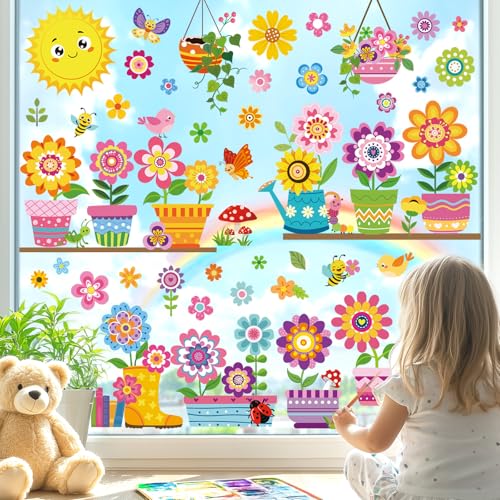 Window Clings Kids Colorful Garden Flower Reusable Windows Decals
