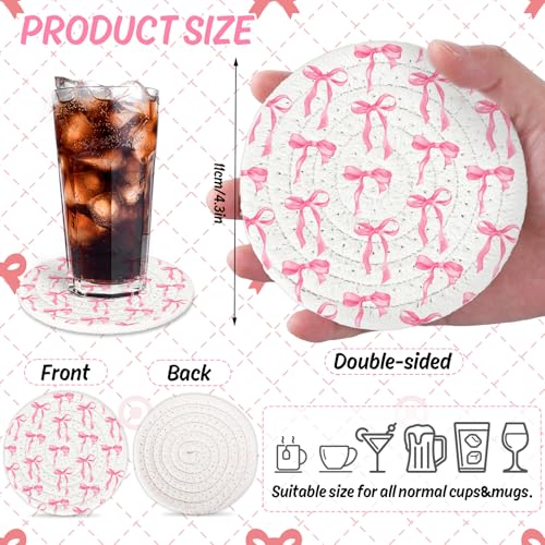 Pink Bow Coasters Handmade Braided Cotton Coasters Round Absorbent Bowknot Coquette Drink Mats for Mother's Day Valentine Birthday Wedding Baby Shower Party Home Office Table Decor (4 Count)