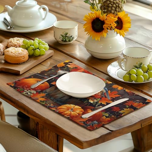 Pumpkin Maple Leaf Bird Fall Placemats Set of 4 Autumn Thanksgiving Seasonal Holiday Harvest Linen Table Mats Orange Brown Washable Place Mats for Party Kitchen Dining Outdoor Indoor Decor (4 Count)