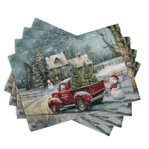 Red Truck Xmas Tree Snowman Christmas Placemats Set of 4 Winter Snowflake Vintage Farmhouse Rustic Place Mats 12x18 Inch Seasonal Christmas Holiday Washable Table Mats for Party Kitchen Dining Decor (4 Count)