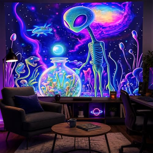Blacklight Tapestry Alien UFO Wall Hanging 78 x 59 Inch