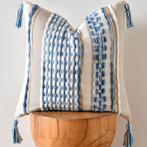 Chenille Striped Textured Boho Throw Pillow Covers Aesthetic with Tassels Woven Decorative Pillow Case for Couch Bed Sofa Bedroom Modern Funky 18 x 18
