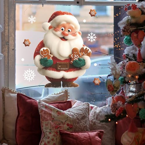 Christmas Window Clings for Glass 1 Sheet Santa Window Decals with Gingerbread Man Designs Window Stickers Cute Windows Cling for Winter Party Supplies Home School Office Glass Decorations