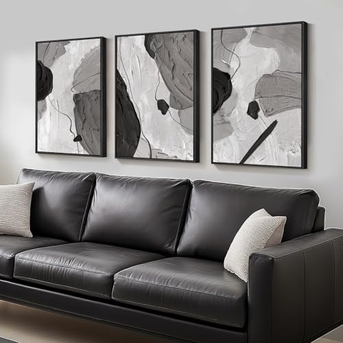 Large Framed Black and White Abstract Wall Art for Living Room (3 Count)