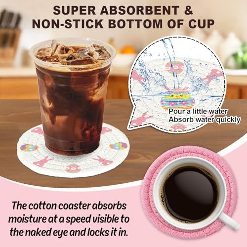 4Pcs Easter Coasters Bunny Rabbit Egg Handmade Braided Cotton Drink Coasters Pink White Absorbent Anti Slip Round Tabletop Protection for Home Office Spring Party Tableware Decor Gift (4 Count)