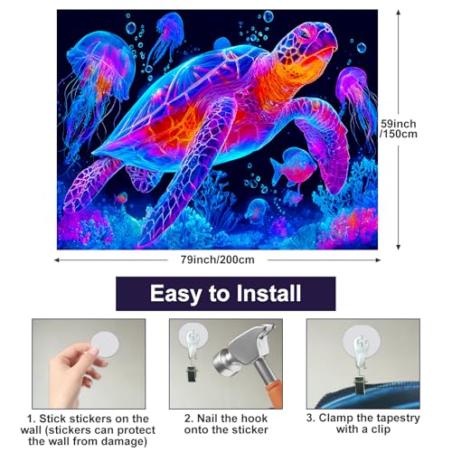 Blacklight Tapestry Turtle Ocean Room Wall Art 78 x 59 Inch