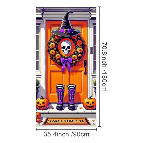 Halloween Door Cover Skull Witch Hat 35x71 Inch Polyester