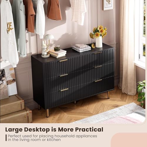 47.2" Fluted Black 6 Drawer Dresser for Bedroom with Deep Drawer