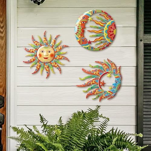 Vivid Sun Moon Sun Face Metal Wall Sculpture Set of 3 (3 Count)