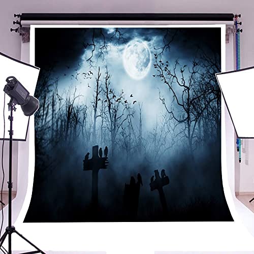 10x10ft Spooky Halloween Graveyard Backdrop Foggy Full Moon Horror Scene