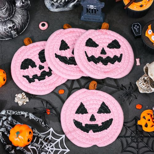 Halloween Pumpkin Cotton Coasters Pink Pumpkin Face Handmade Braided Drink Coasters Absorbent Cup Mats for Trick or Treat Party Home Table Decor (4 Count)