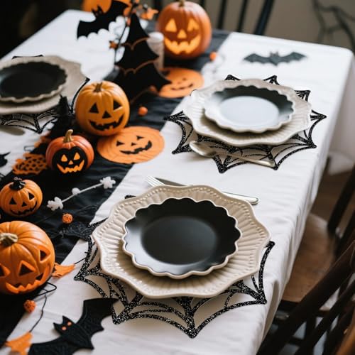 60Pcs Halloween Glitter Spider Web Disposable Paper Placemats Black Spiderweb Dining Table Mat Place Mats for Trick or Treat Party Home Table Setting (60 Count)
