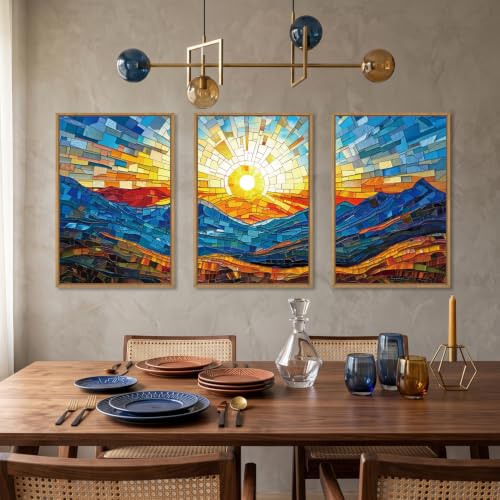 Abstract Blue Boho Mountain Framed Canvas Wall Art Set