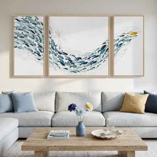 Extra Large 3 Piece Framed Blue White Coastal Fish Wall Art for Living Room (3 Count)
