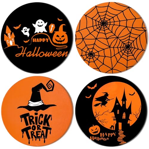4Pcs Halloween Coasters Orange Black Round Ceramic Coaster Trick or Treat Heat (4 Count)
