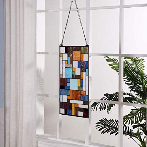 Geometric Color Block Tiffany Style Stained Glass Window Panel with Hanging Chain