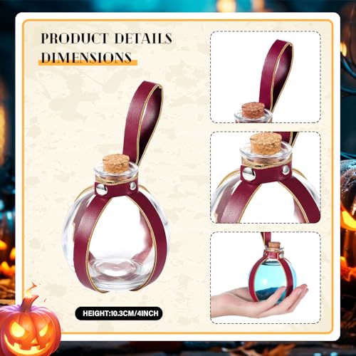 Mardi Gras Potion Bottles with Cork Set Dark Magic Cork Round Potion Bottle with Leather Belt Clear Glass Large for Halloween Costume Props DIY Crafts Decorative