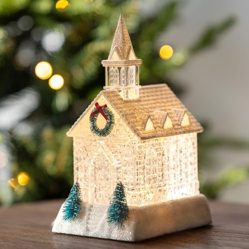 Christmas Lighted Church Water Lantern Snow Globe with Evergreens and Wreath