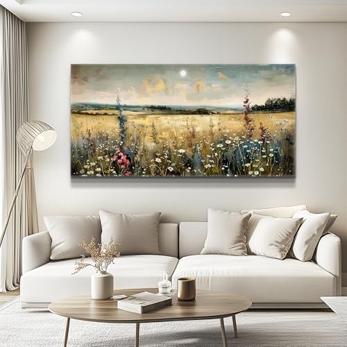 Large Vintage Natural Field Landscape Painting Home Decor Farmhouse Vintage Meadow Wildflowers Modern Printed Artwork Living Room Decor Bedroom Office Can Be Hung Directly 30 X 60 Inches