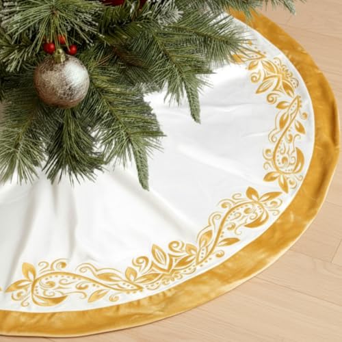 48 Inch Vintage Velvet Christmas Tree Skirt Ivory Traditional Luxury Plush Fur Tree Skirt with Gold Victorian Venetian Embroidered Holly Leaf for Rustic Home Xmas Holiday Decoration