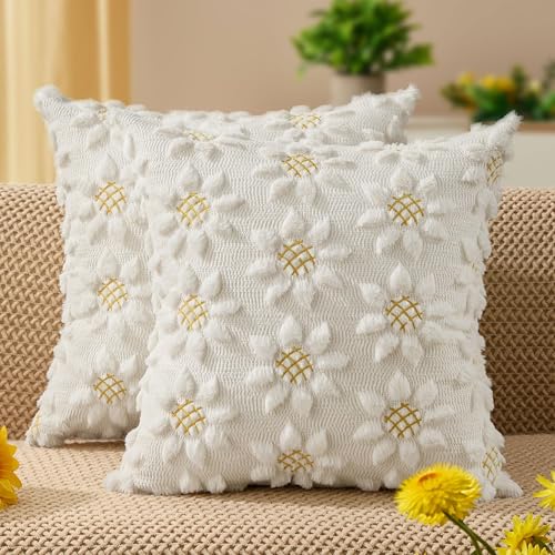 Spring Summer Pillow Covers 18x18 inch Set of 2 White Sunflower (2 Count)