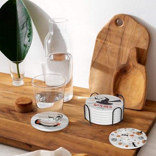 6 PCS Halloween Coasters with Metal Holder and Cork Base Ceramic Drink Coasters Absorbent Cup Mat Non
