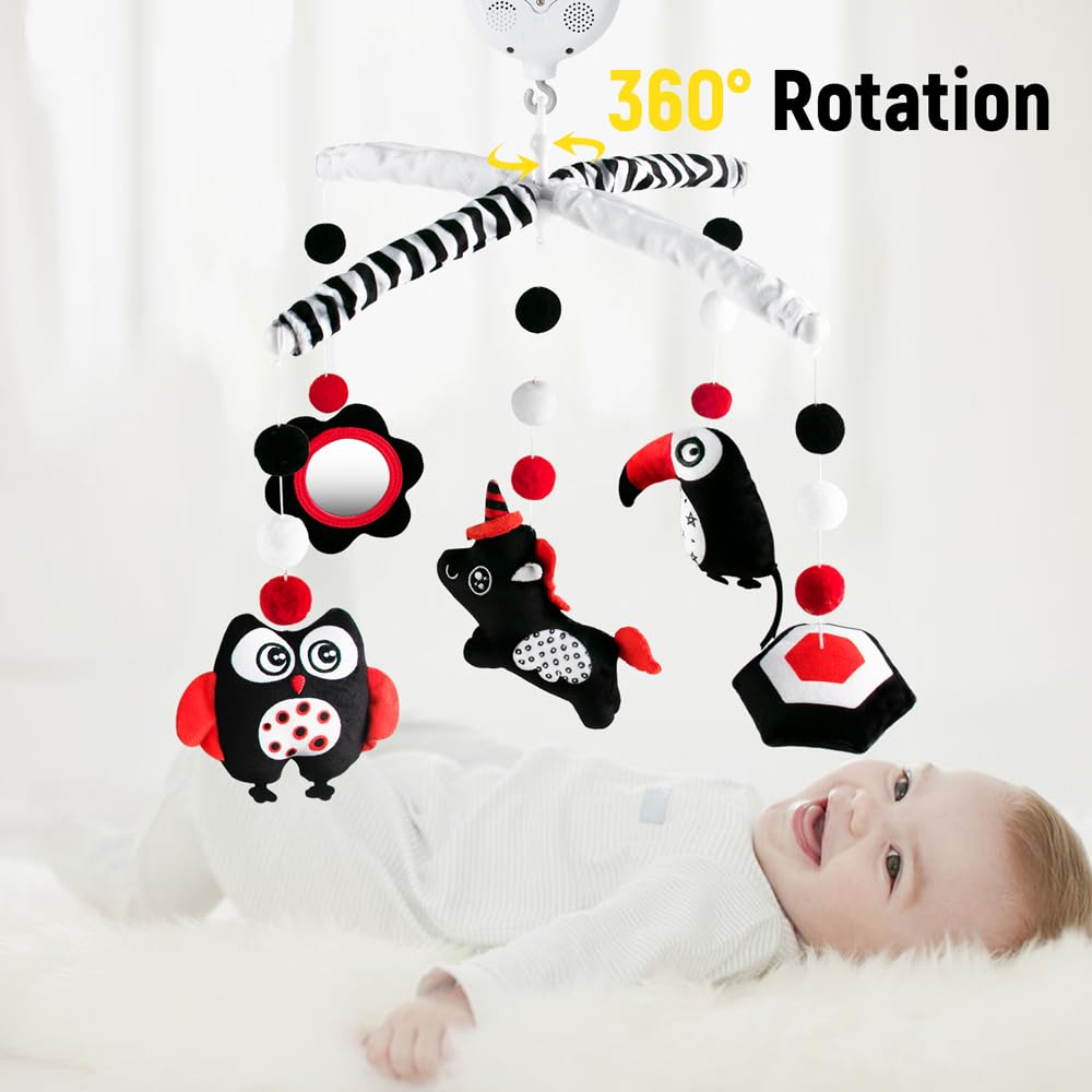 Montessori Mobile Baby for Crib,Black and White Baby Crib Mobile with Music for Boys & Girls,High Contrast Hanging Crib Toys, Newborn Visual Stimulation to Engage