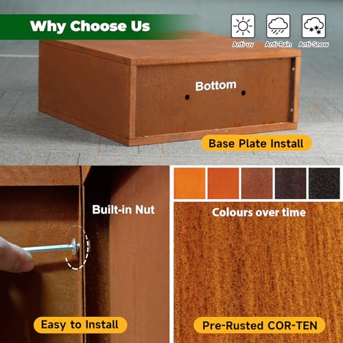 Corten Steel Planter 24" L x 10" W x 24" H Rusted Metal Rectangular Planter